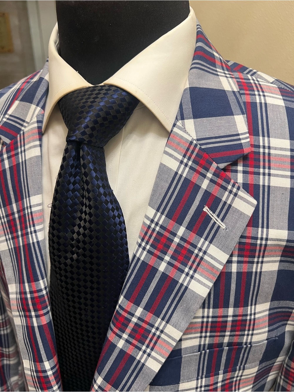Alan Flusser Navy, Red & White Plaid Sport Coat Blazer Jacket Men 44R